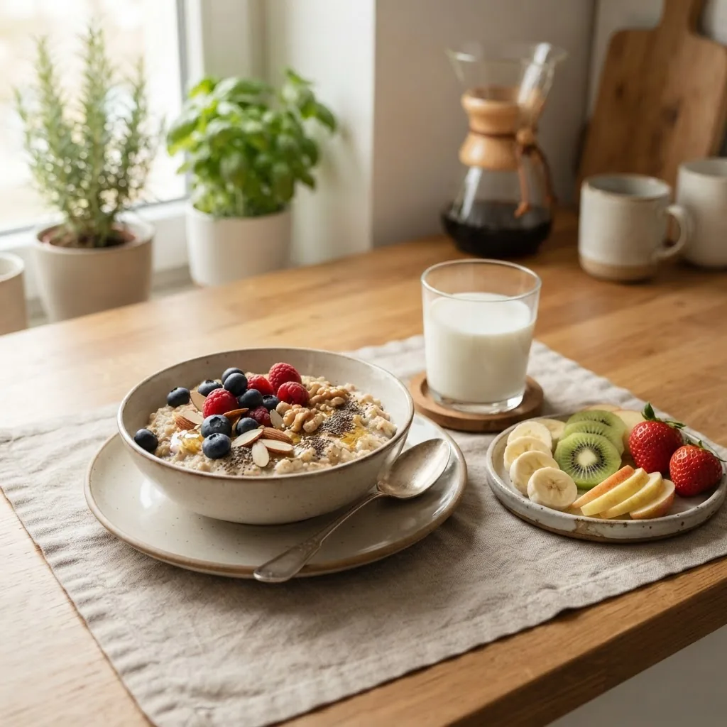 a breakfast plate with oatmeal topped with berries and nuts, a glass of milk, and a side of sliced fruit, arranged neatly on a kitchen