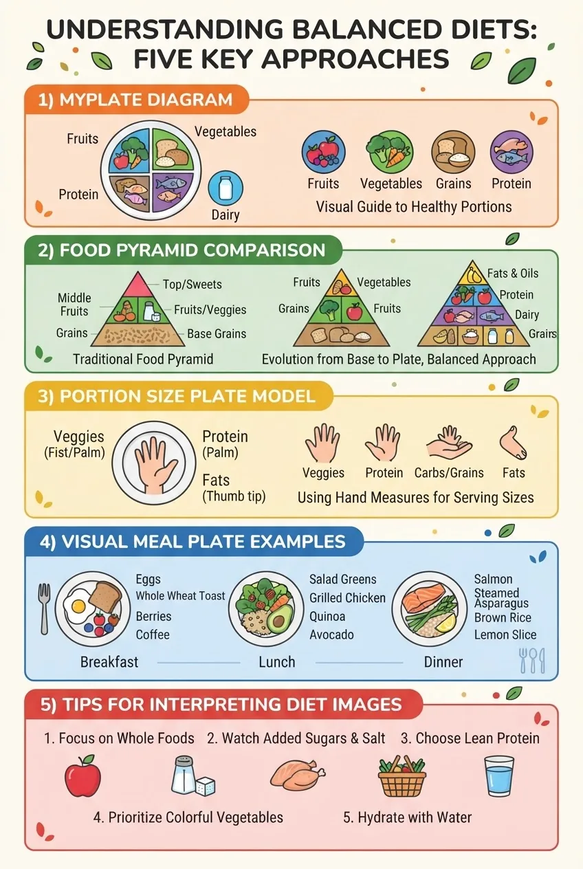 A clear infographic divided into five sections showing: 1) MyPlate diagram with food groups, 2) Food pyramid comparison graphic, 3) Portion
