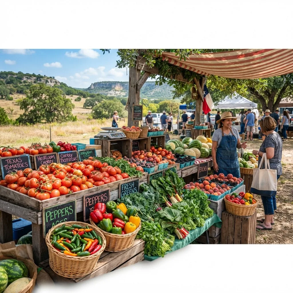 A scenic image of a local Texas farmer’s market stall displaying fresh seasonal produce like peppers, tomatoes, leafy greens, and native
