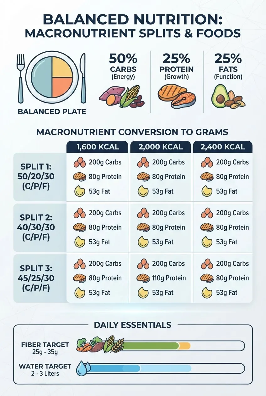 displays a balanced plate and converts three common macronutrient splits (50/20/30, 40/30/30, 45/25/30) into grams for 1,600 kcal, 2,000