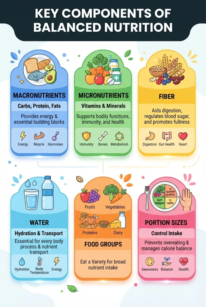 An infographic divided into six sections, each with a representative colorful icon and a brief description: macronutrients (carbs, protein,