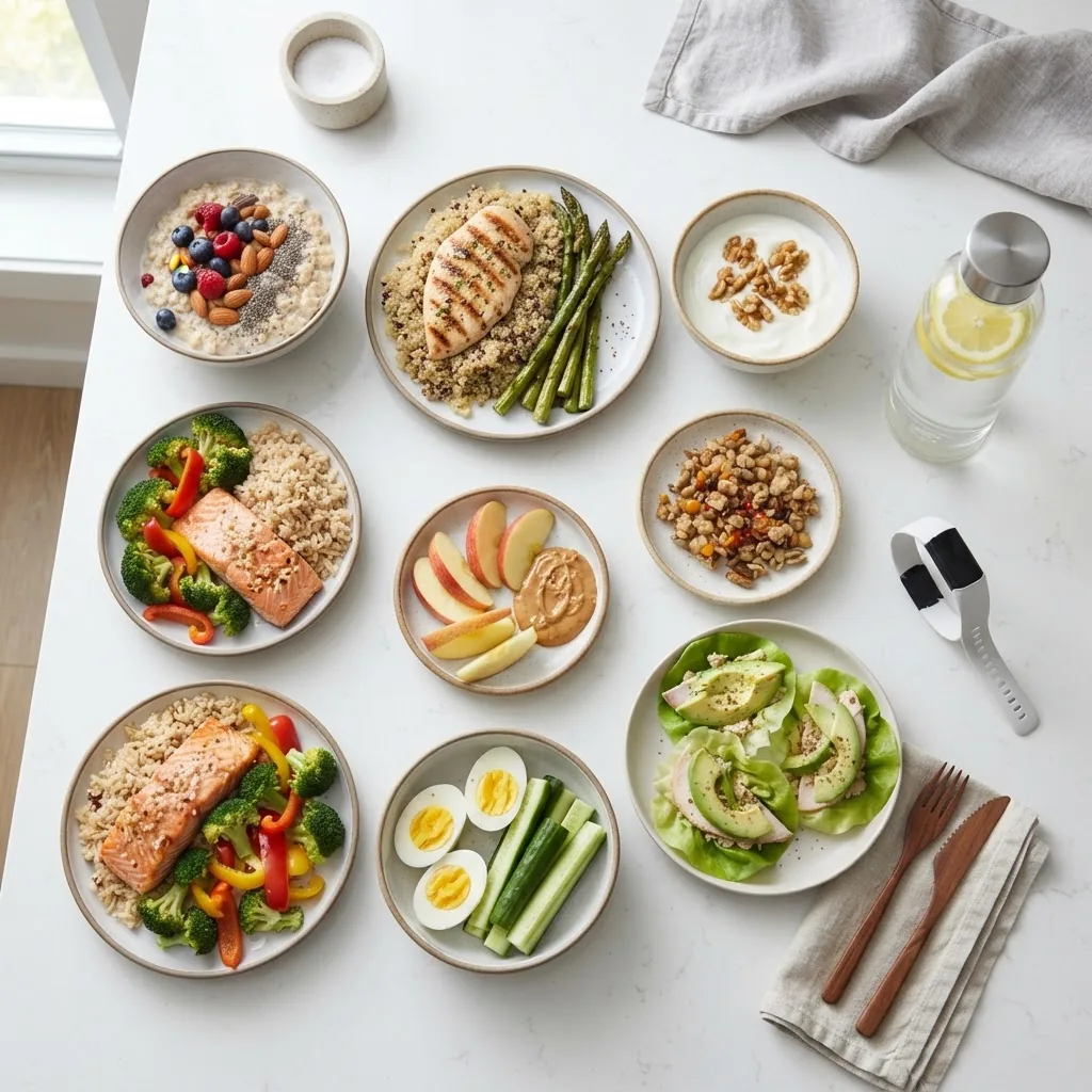 an arranged meal plan layout with portioned plates including lean protein, whole grains, vegetables, and small healthy snacks on a clean