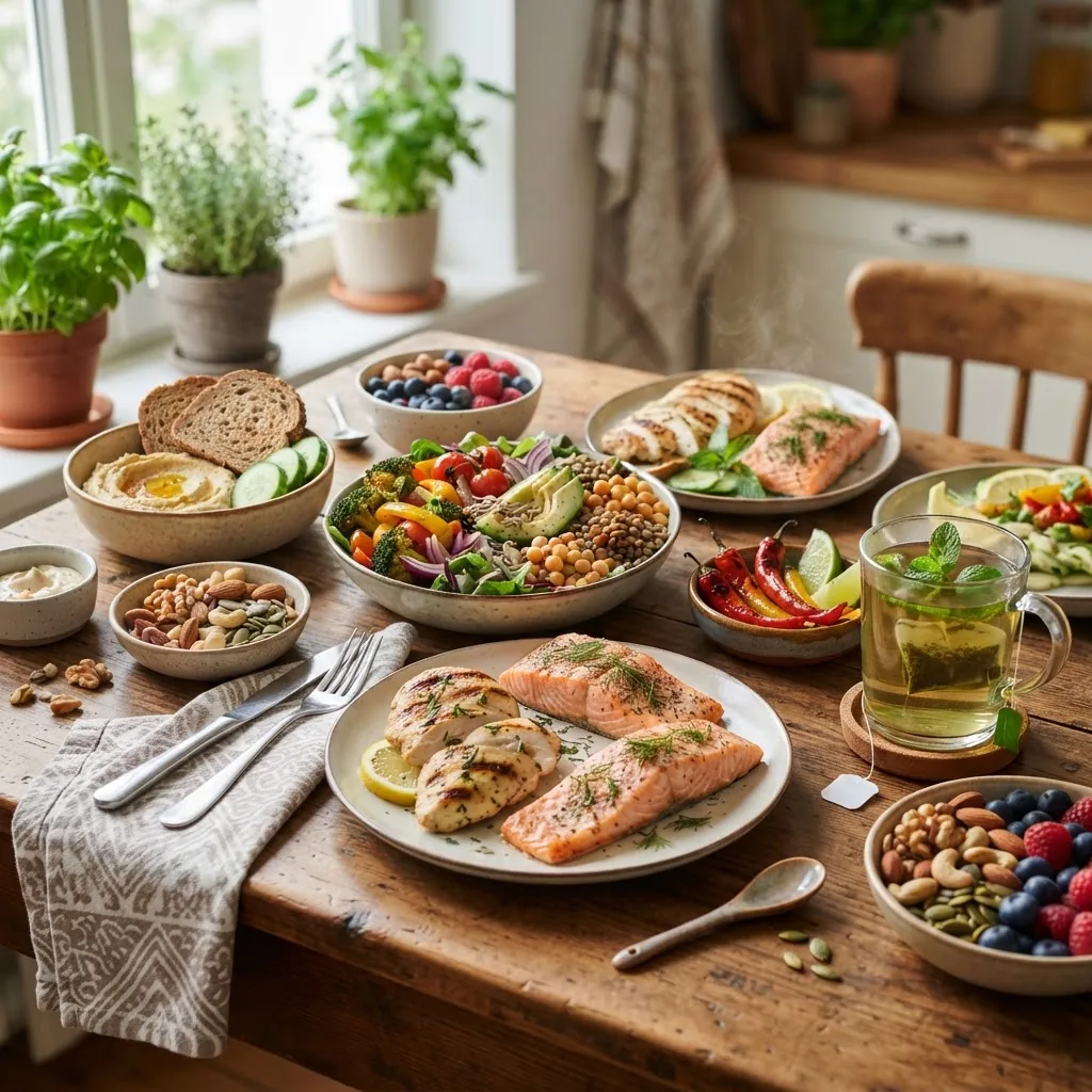 an assorted healthy food spread on a wooden table, featuring protein-rich foods like grilled chicken, salmon, legumes, fiber-rich