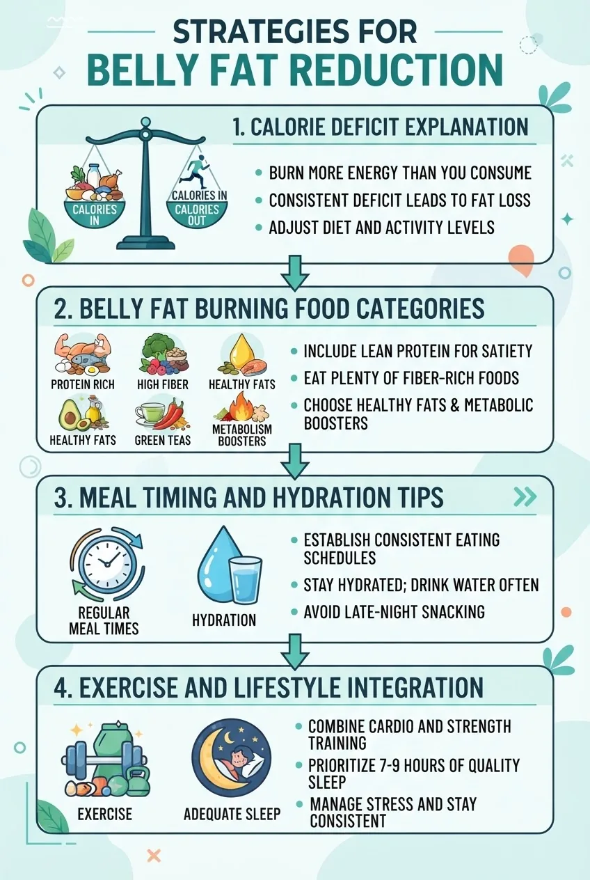 with four connected vertical sections: (1) Calorie Deficit Explanation with a scale icon; (2) List of Belly Fat Burning Food Categories