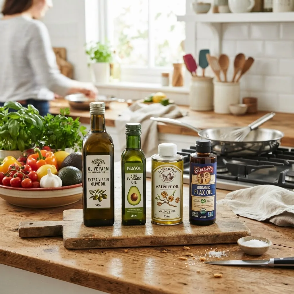 A brightly lit kitchen countertop with an array of common heart-healthy cooking oils in glass bottles (olive oil, avocado oil, walnut oil,