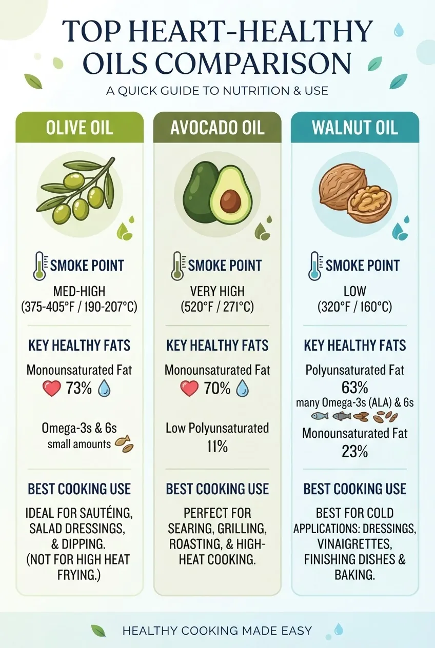A clean infographic with three columns comparing top heart-healthy oils: olive oil, avocado oil, and walnut oil; each column includes an