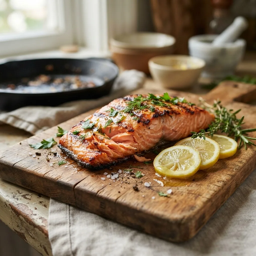 high-resolution close-up of a grilled salmon fillet on a rustic wooden cutting board with fresh lemon slices and herbs in natural daylight,