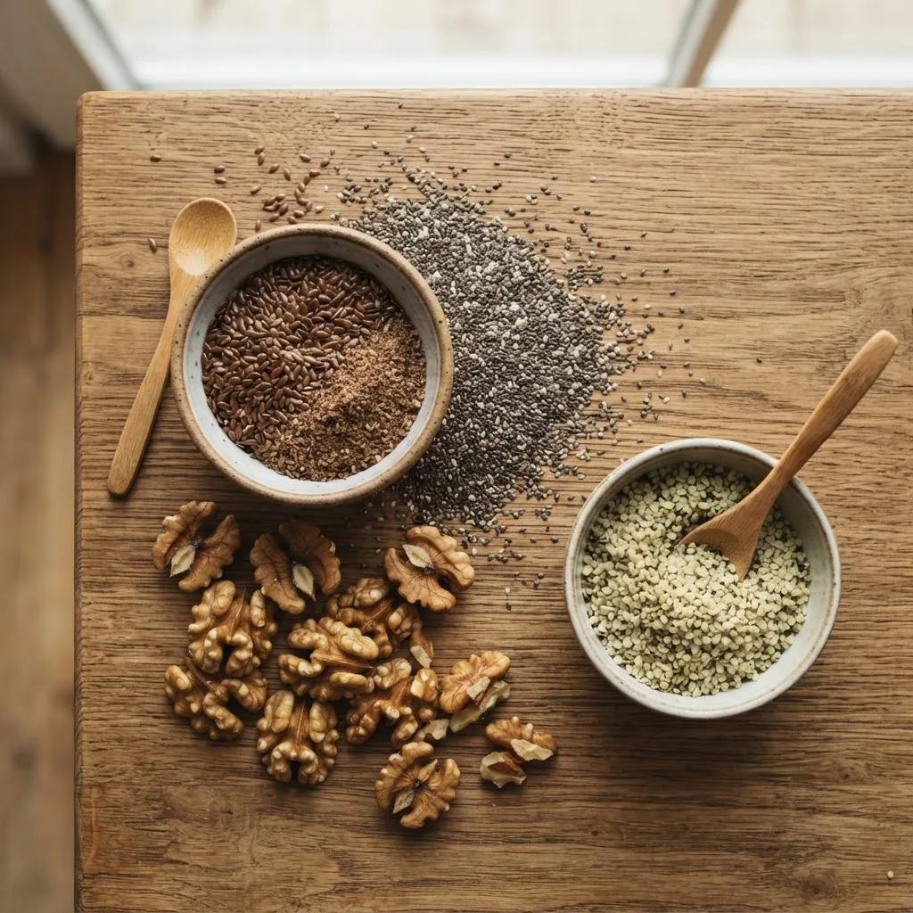 a variety of plant-based omega-3 sources arranged neatly on a wooden table – flaxseeds in a small bowl, chia seeds sprinkled, walnuts, and