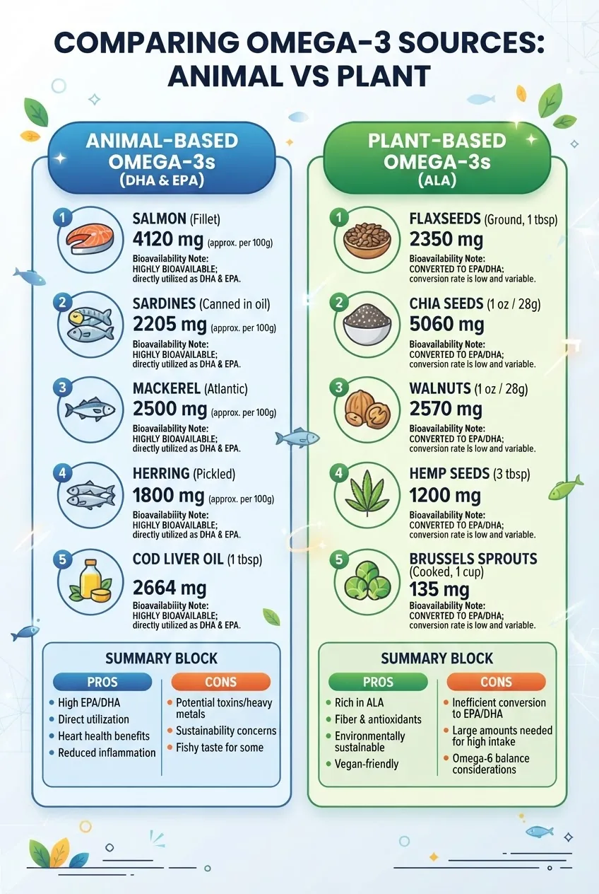 shows two columns comparing animal-based and plant-based omega-3 sources; each column includes 5 foods with icons, omega-3 content per