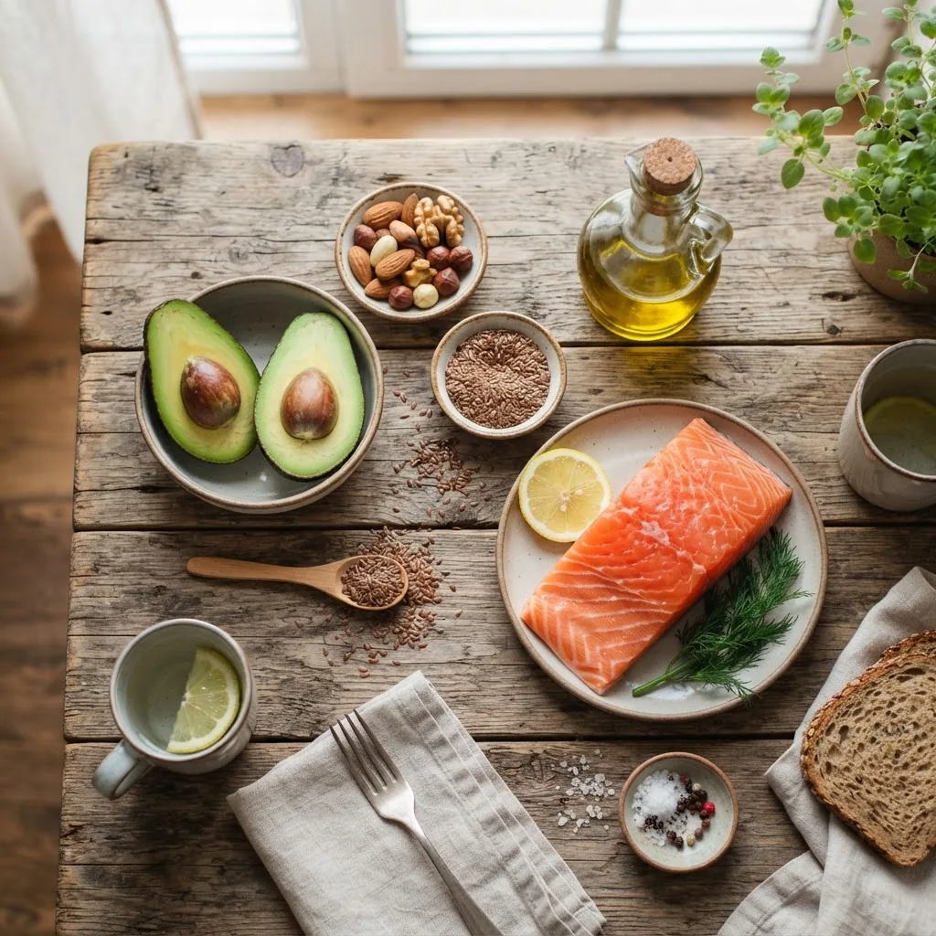 Vibrant overhead shot of a rustic wooden table with avocado halves, mixed nuts, olive oil bottle, flax seeds, and fresh salmon, styled