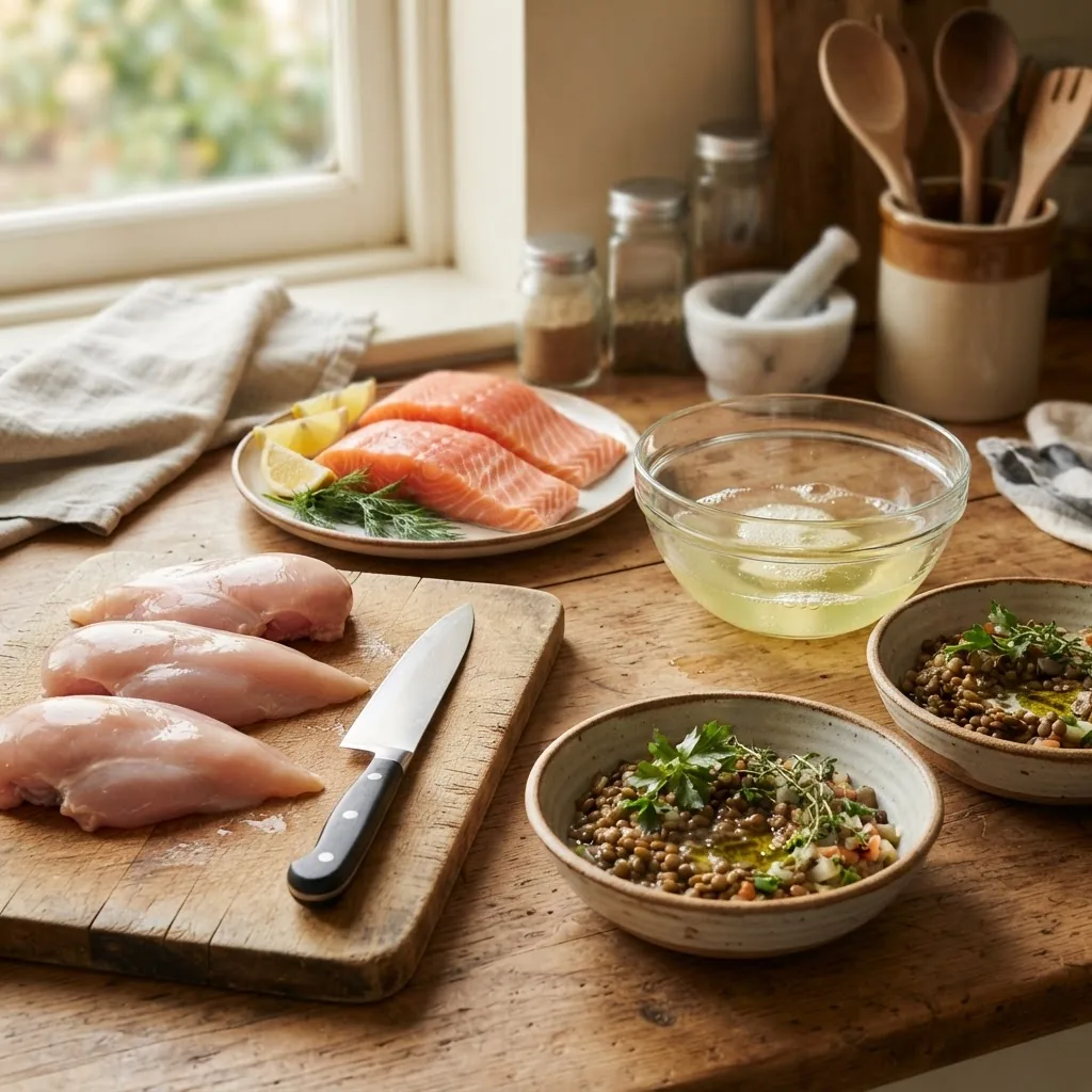 High-resolution close-up of a kitchen meal prep station showing raw skinless chicken breast, fresh salmon fillets, egg whites in a clear