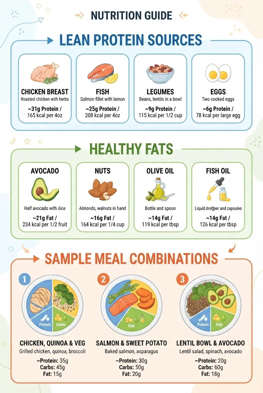 Infographic with three main sections: "Lean Protein Sources" (icons with chicken, fish, legumes, eggs), "Healthy Fats" (icons with avocado,