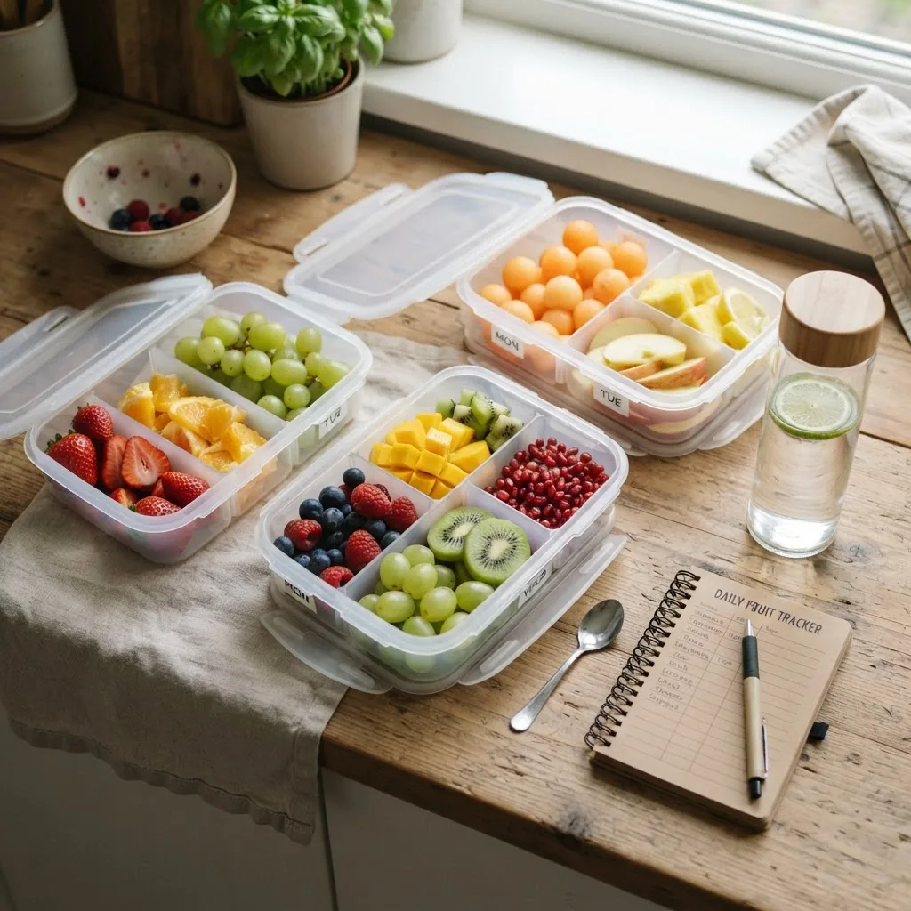 A casual overhead photo of a healthy meal prep setting showing sliced fruits arranged in meal containers alongside a water bottle and a