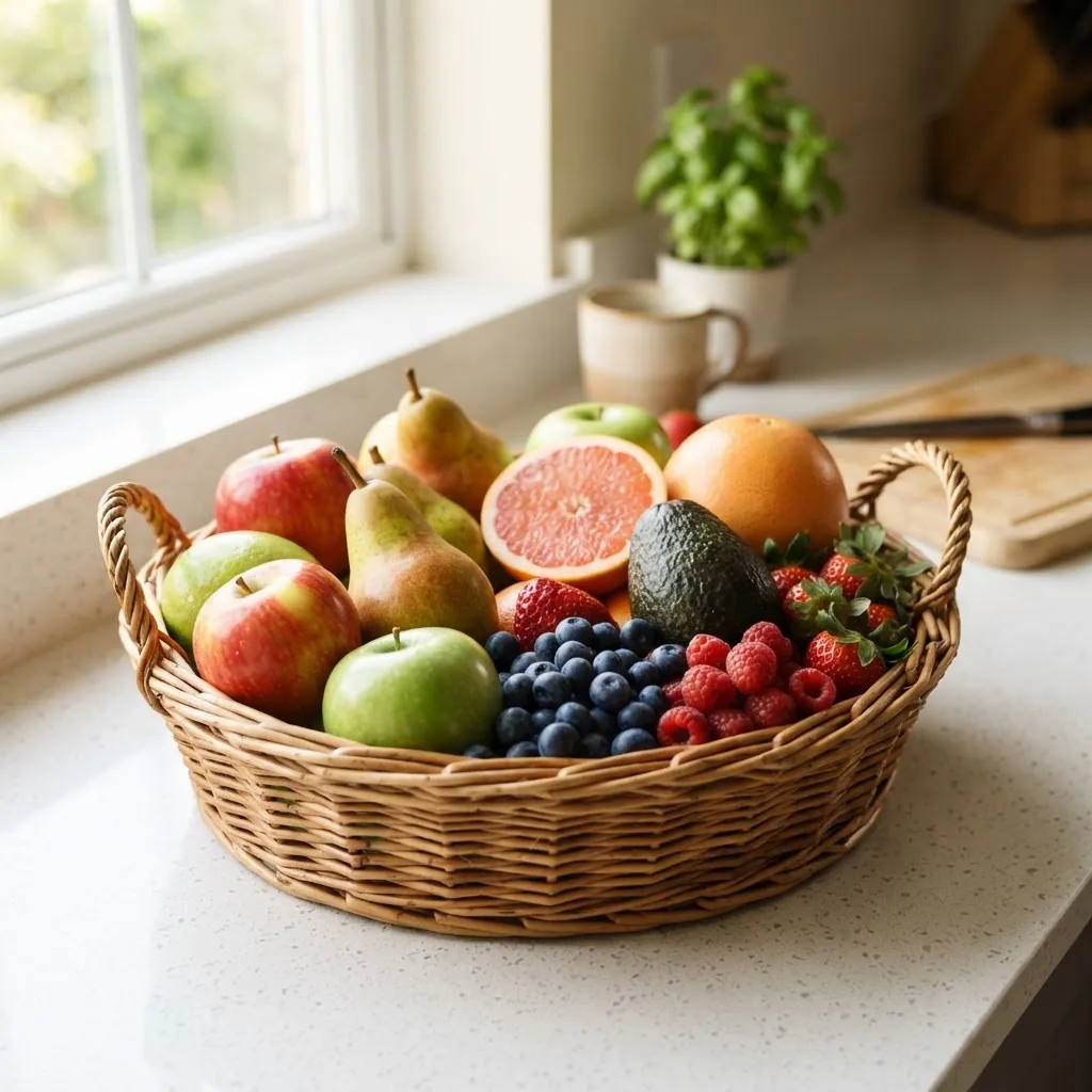 A bright, natural shot of a colorful basket containing a variety of weight-loss-friendly fruits including apples, berries, grapefruit,