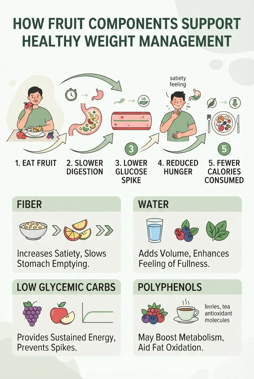 explains how fruit components (fiber, water, low glycemic carbs, polyphenols) affect satiety, blood sugar control, thermogenesis and fat
