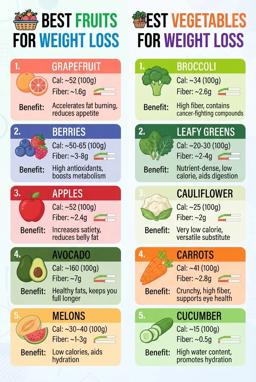 with two side-by-side columns titled “Best Fruits for Weight Loss” and “Best Vegetables for Weight Loss,” each column includes 5 items with