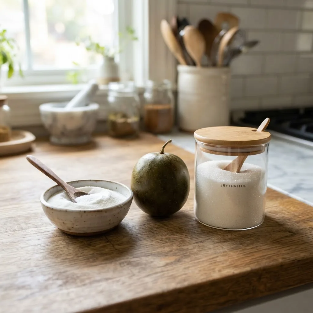 Close-up photo of a kitchen countertop displaying a small bowl of stevia powder, fresh monk fruit, and a container of erythritol, with