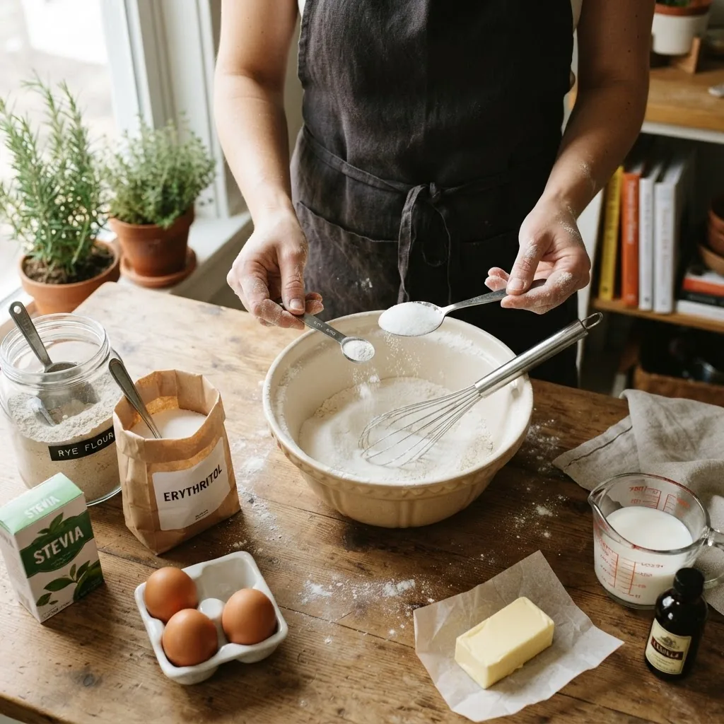 Overhead shot of a baker’s hands measuring erythritol and stevia using spoons over a mixing bowl, surrounded by typical baking ingredients