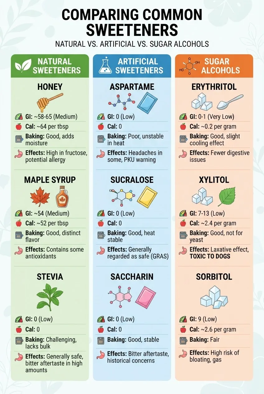 A three-column infographic visually comparing natural sweeteners, artificial sweeteners, and sugar alcohols, each section displaying 3