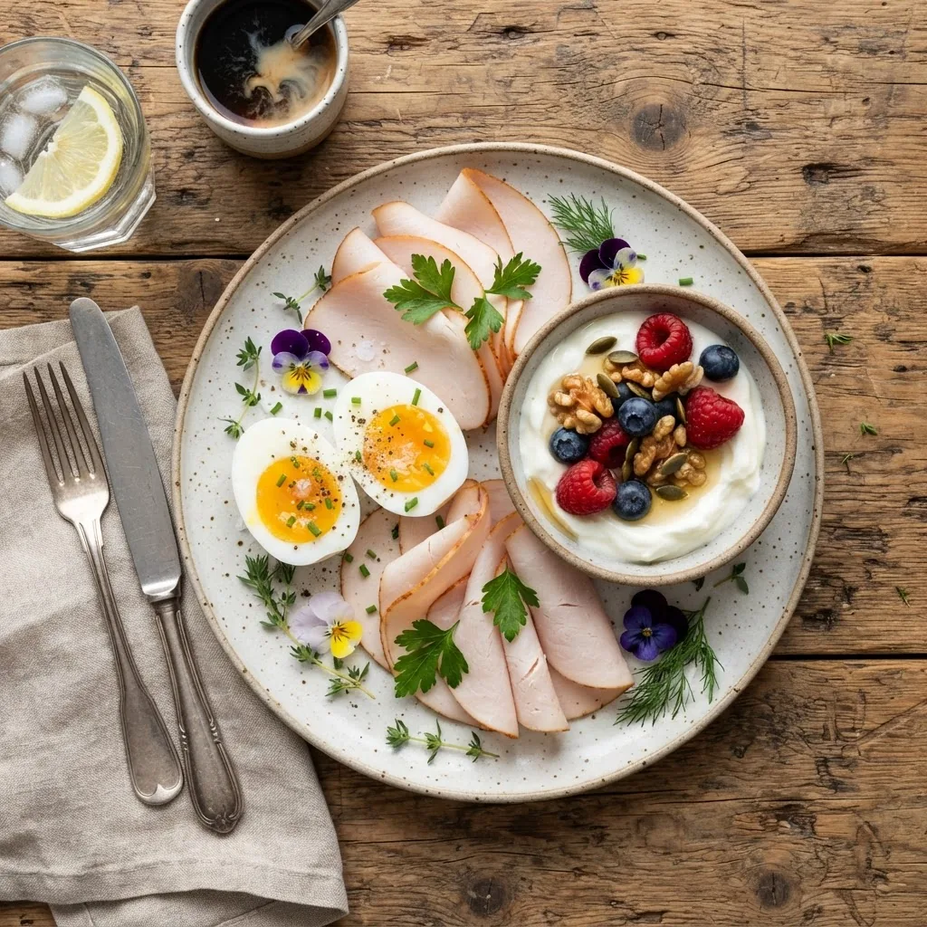 Close-up overhead shot of a breakfast plate featuring eggs, Greek yogurt with nuts and berries, and smoked lean turkey slices, styled on a