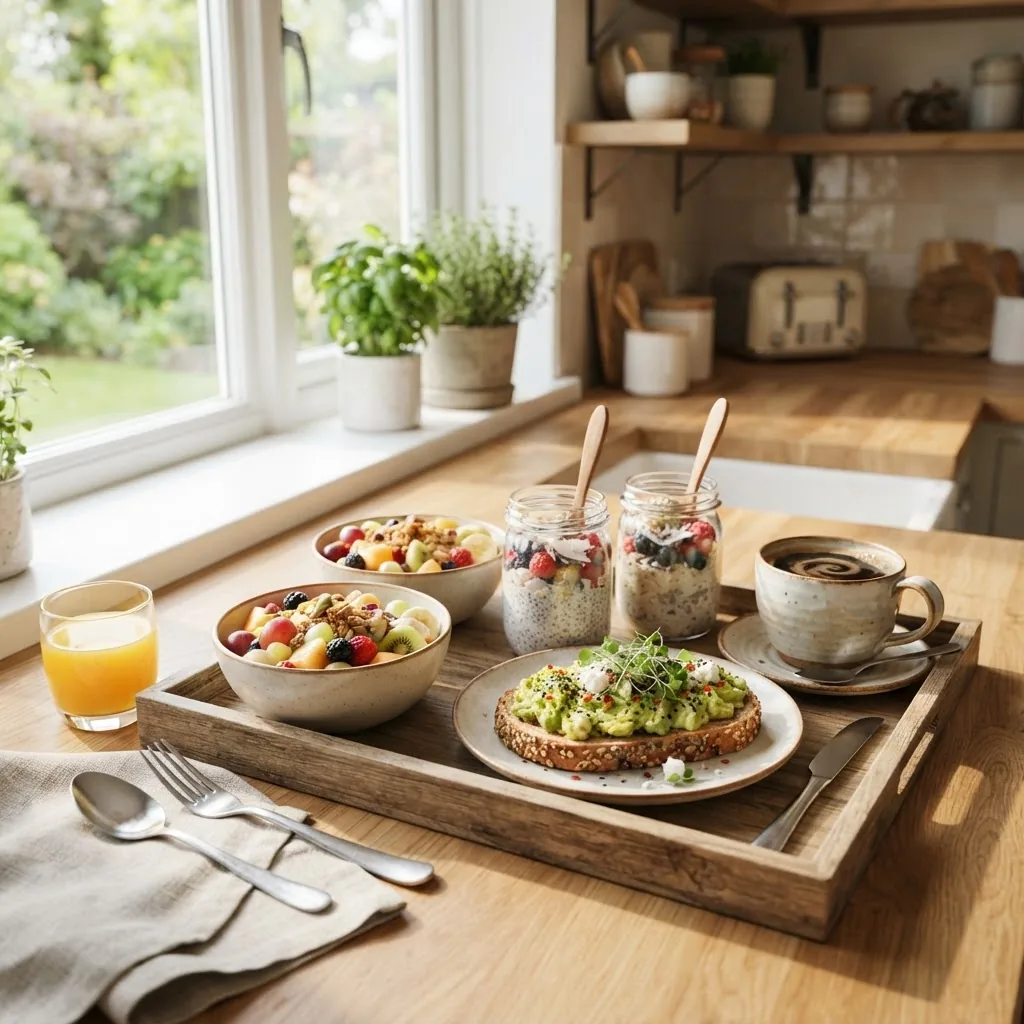 A bright kitchen countertop with a variety of quick breakfast items arranged, including fruit bowls, overnight oats jars, whole grain toast
