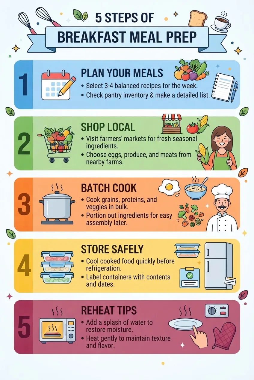 A clean, colorful infographic showing 5 steps of breakfast meal prep: plan, shop local, batch cook, store safely, reheat tips, each step