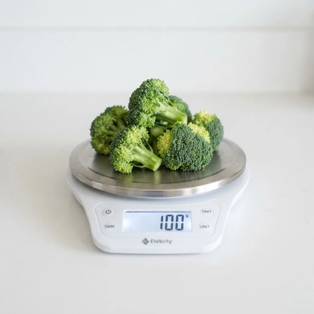100g portion of raw broccoli on a kitchen scale, with a neutral white background, clear focus on the broccoli and digital scale display,