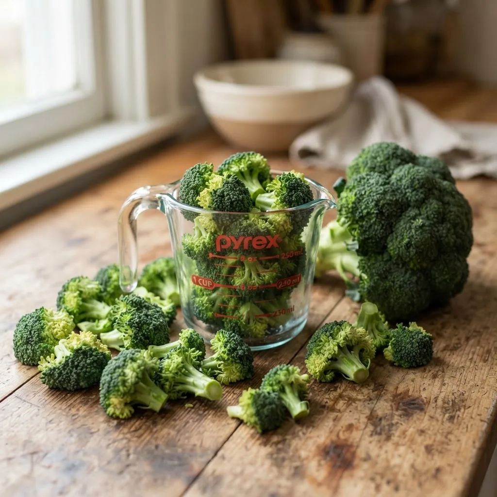 A fresh broccoli head and loose broccoli florets on a wooden kitchen counter with a measuring cup showing a one-cup portion, natural