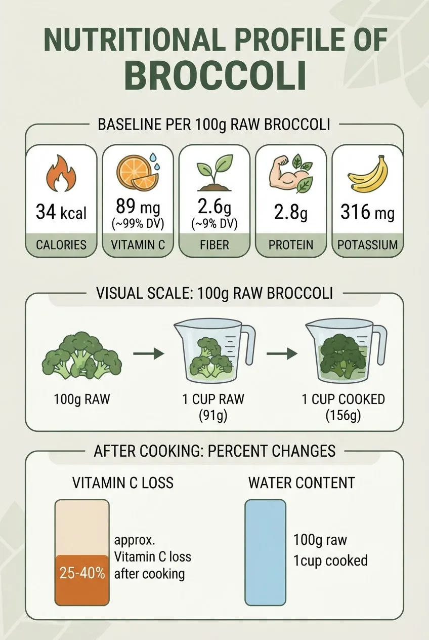 visualizes the baseline numbers for broccoli: 100g = 34 kcal; vitamin C 89 mg (~99% DV); fiber 2.6g (~9% DV); protein 2.8g; potassium 316