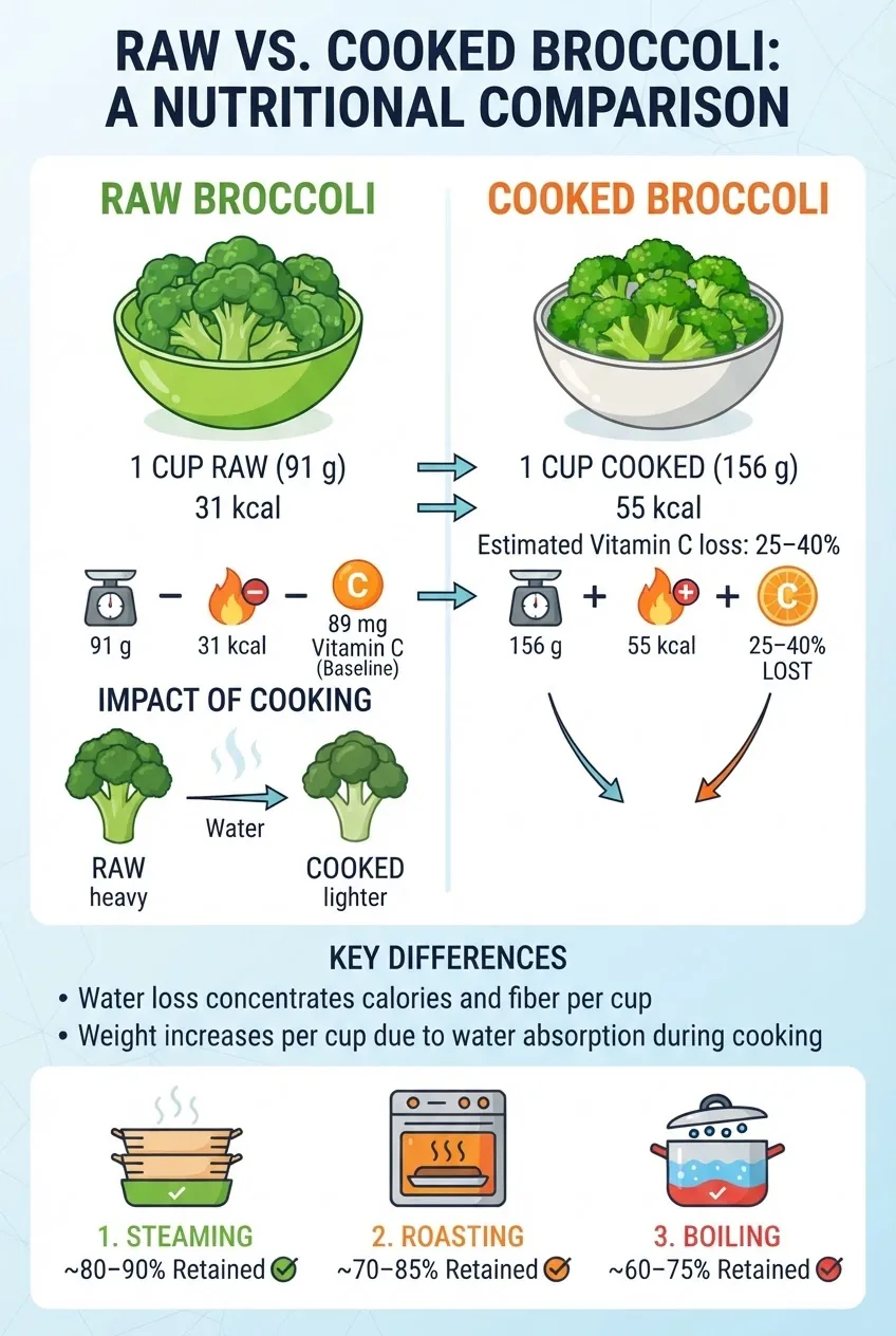 comparing raw and cooked broccoli: show 1 cup raw (91 g, 31 kcal, 89 mg vit C baseline scaled to 91 g) versus 1 cup cooked (156 g, 55 kcal,