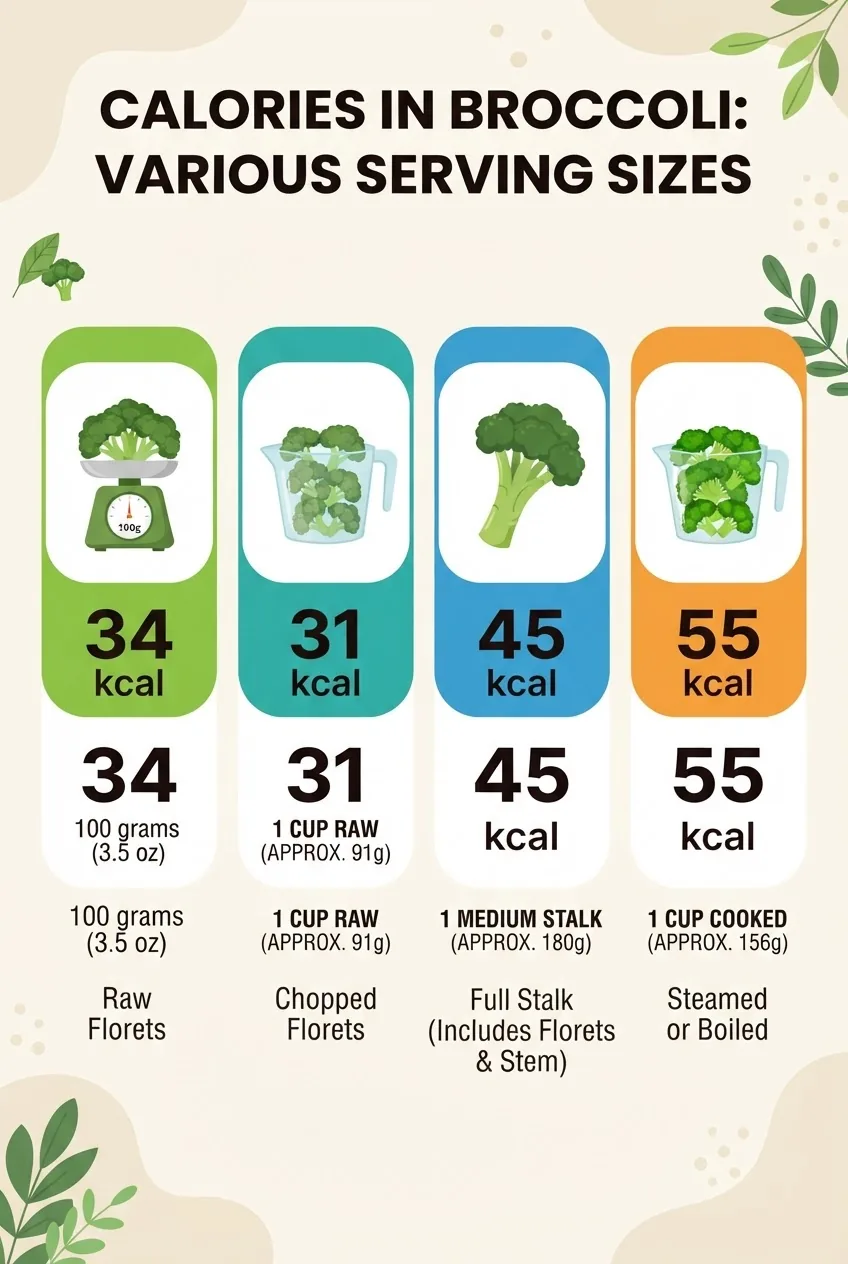 calorie counts for broccoli by different serving sizes: 100g, 1 cup raw, 1 stalk, cooked cup; each portion with a simple icon or outline