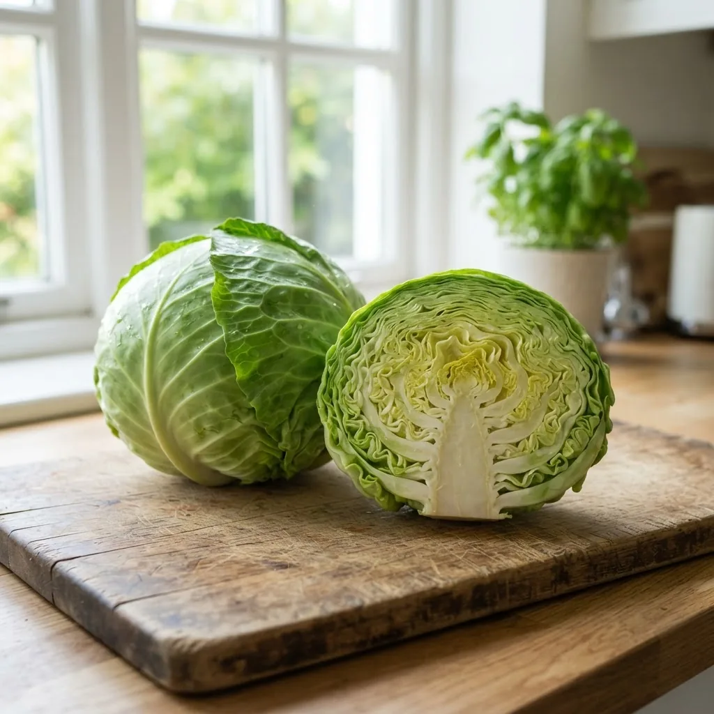 fresh, vibrant green cabbage half and whole, displayed on a rustic wooden cutting board in natural daylight from a kitchen window,