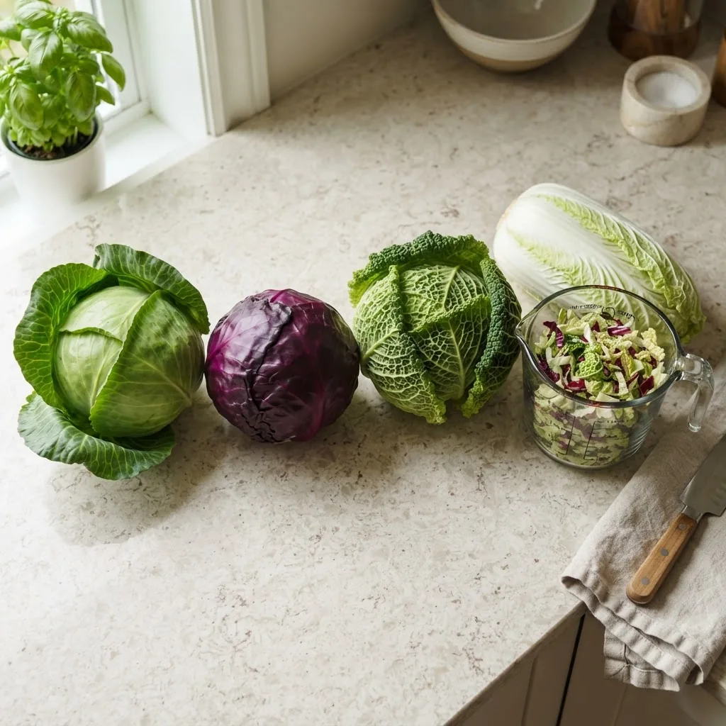Side-by-side overhead view of raw green cabbage, red cabbage, savoy, and napa cabbage heads with a measuring cup showing chopped servings,