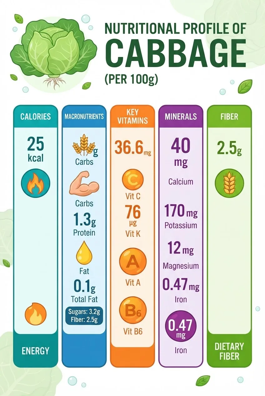 Infographic displaying a detailed nutritional profile of cabbage per 100g: columns showing calories, macronutrients (carbs, protein, fat),