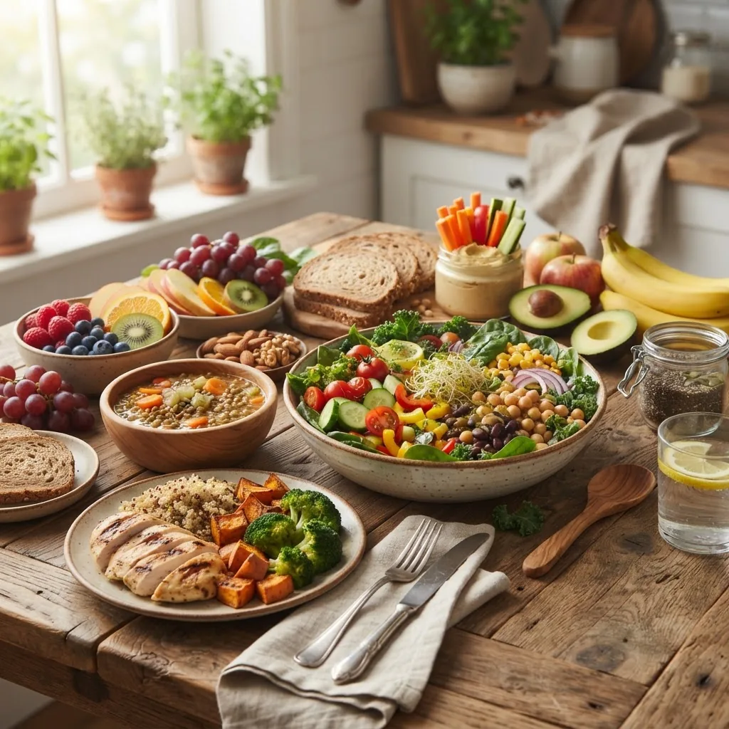 a variety of high-volume, fiber-rich foods such as vegetables, fruits, legumes, and lean proteins arranged on a rustic wooden table, soft