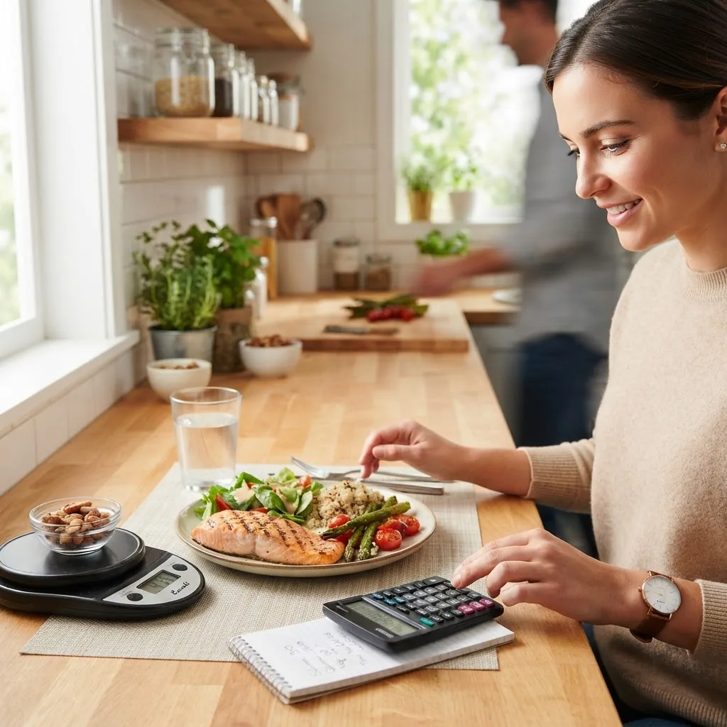-style photo of a balanced meal plate with measured portions and a calorie scale in a kitchen setting, natural light, showing a person