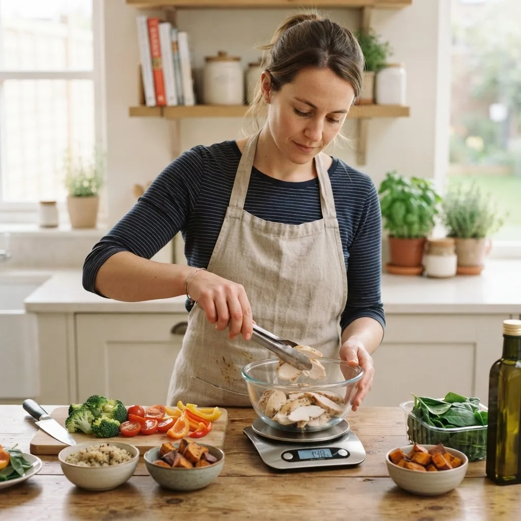 a person measuring food portions on a kitchen scale with fresh vegetables and lean protein around, soft natural light, conveying a calm and