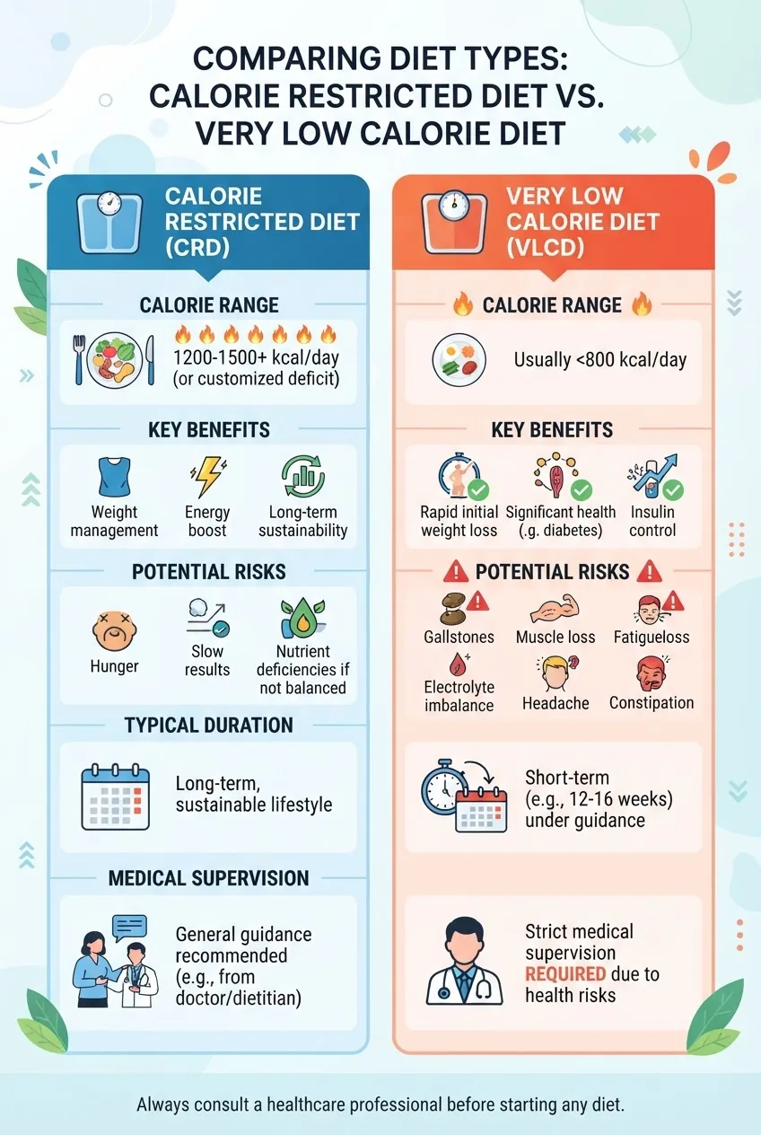 compares Calorie Restricted Diet and Very Low Calorie Diet side by side with calorie ranges, benefits, risks, duration, and medical