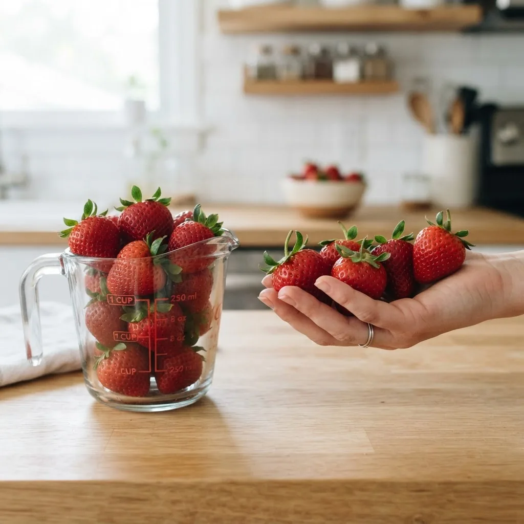 Photo of a measuring cup filled with fresh whole strawberries next to a hand holding 5 strawberries to illustrate portion size, kitchen