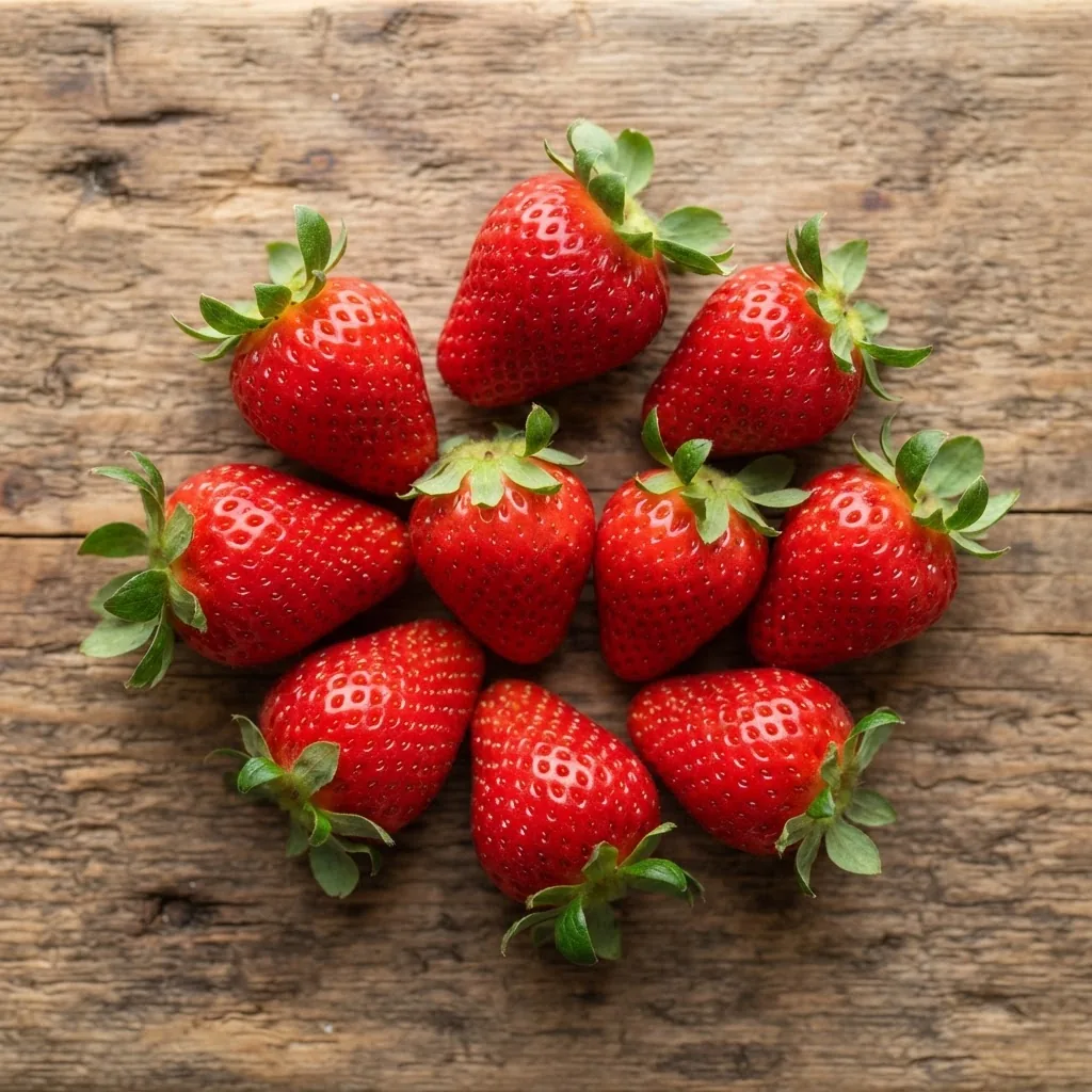 Close-up photo of ten fresh ripe strawberries arranged naturally on a rustic wooden table with soft natural daylight, showcasing texture