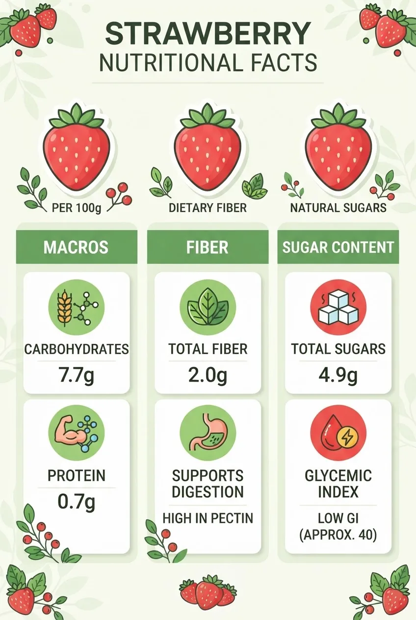 Infographic with three vertical columns labeled "Macros," "Fiber," and "Sugar Content" showing strawberry icons with numeric values, each