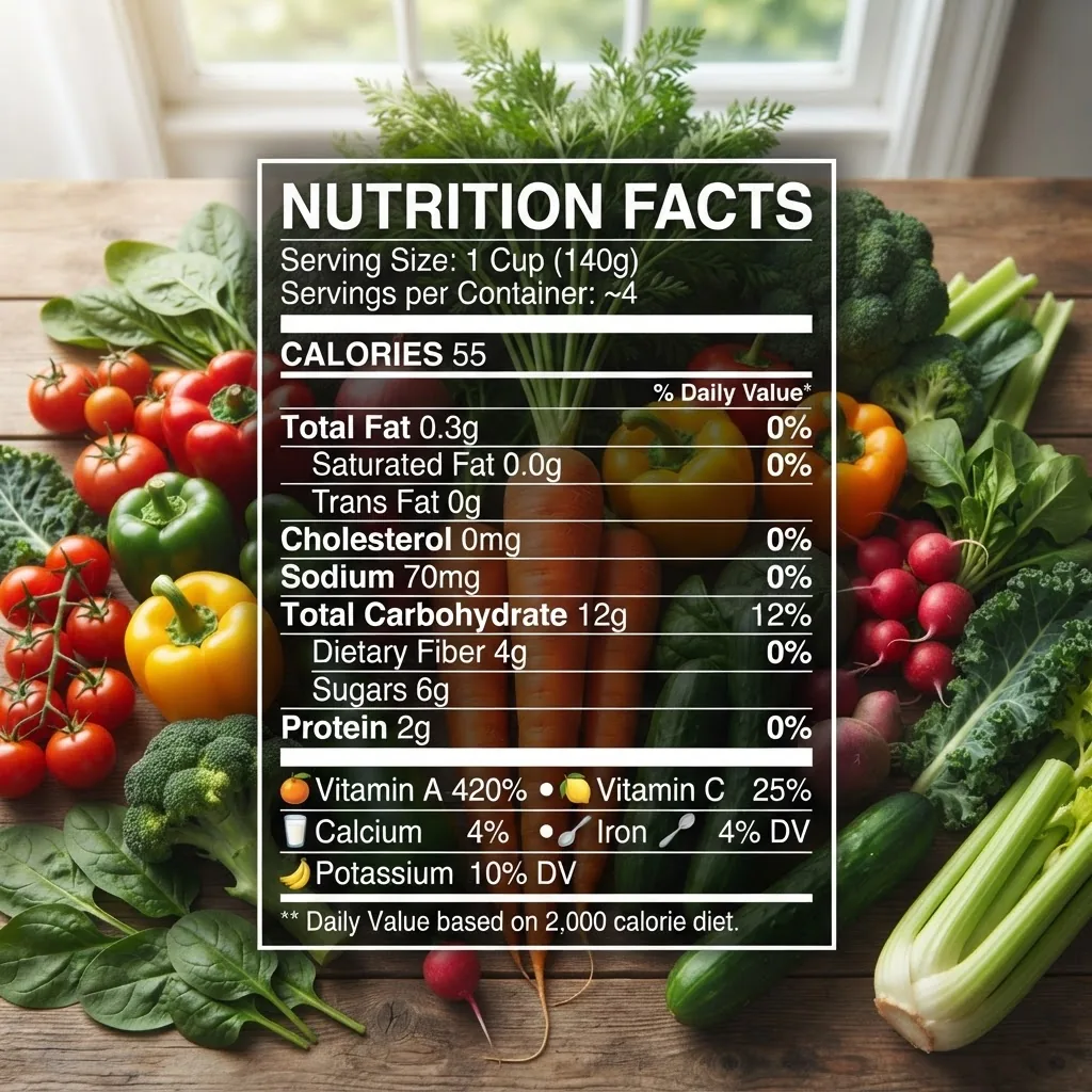 Top-down shot of a nutrition facts label styled chart overlaying a background of assorted vegetables with a prominent carrot, showing