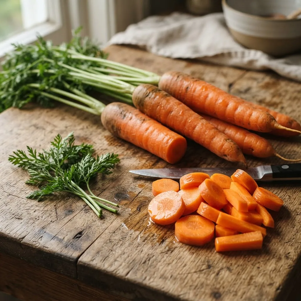 Close-up photo of fresh, whole and sliced raw carrots on a rustic wooden surface with natural daylight, emphasizing vibrant orange color