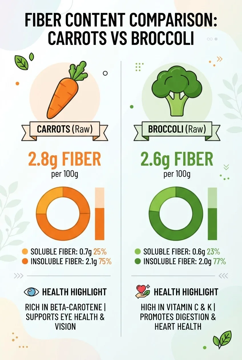 Infographic comparing fiber content of carrots and broccoli: two vertical columns each with an icon of the vegetable, fiber grams per 100g,