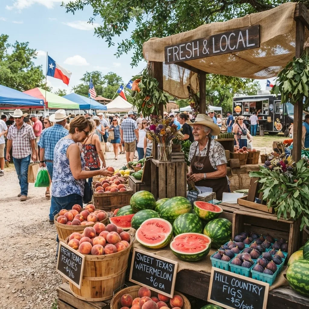 n outdoor market scene in Texas showing seasonal fruits like peaches, watermelons, and figs displayed in baskets under warm daylight,