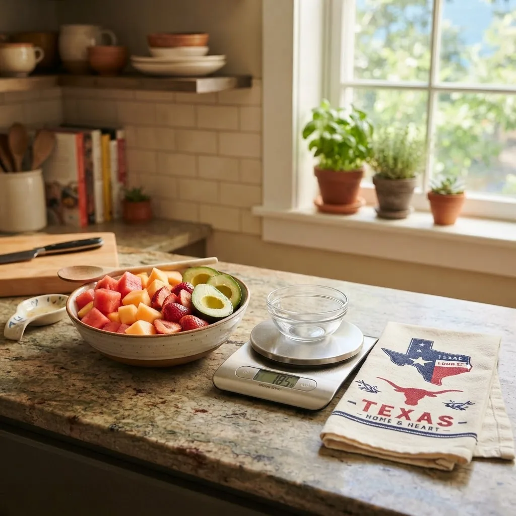 a Texas kitchen counter with a bowl of mixed seasonal fruits (watermelon, cantaloupe, strawberries, and a sliced avocado) and a small