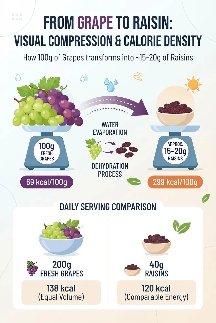 compression chart showing 100g fresh grapes becoming ~15–20g raisins with arrows, and corresponding kcal changes: fresh grapes 69 kcal/100g