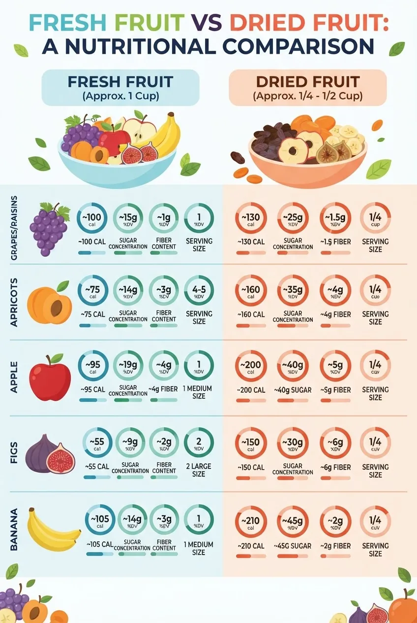 comparing fresh and dried fruits side-by-side with icons and short stats showing calorie counts, sugar concentration, fiber content, and