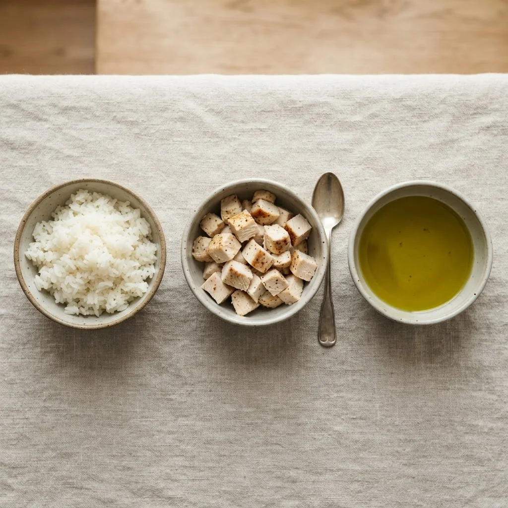 Overhead shot of three small bowls each containing pure forms of macronutrients: white rice (carbs), cooked chicken breast (protein), and
