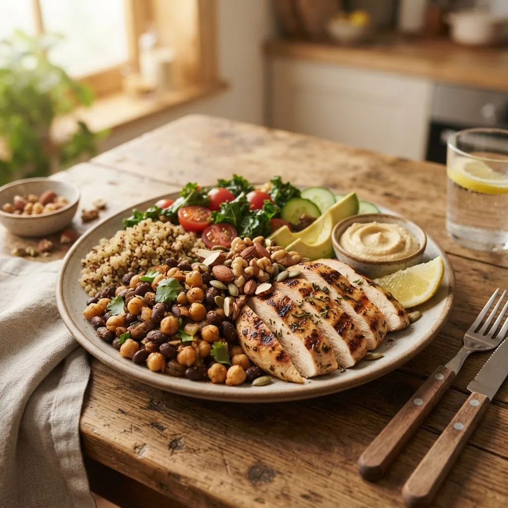 Close-up photo of a healthy meal plate featuring diverse protein foods including grilled chicken breast, beans, and nuts on a wooden table,